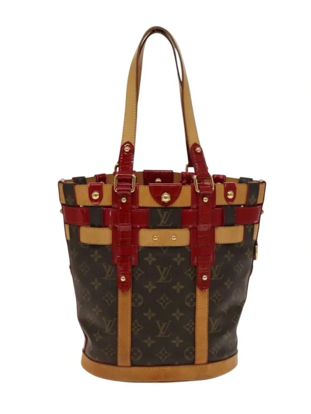 👜 LOUIS VUITTON Ruby Neo Bucket Tote Monogram Authentic Brown Red Shoulder Bag